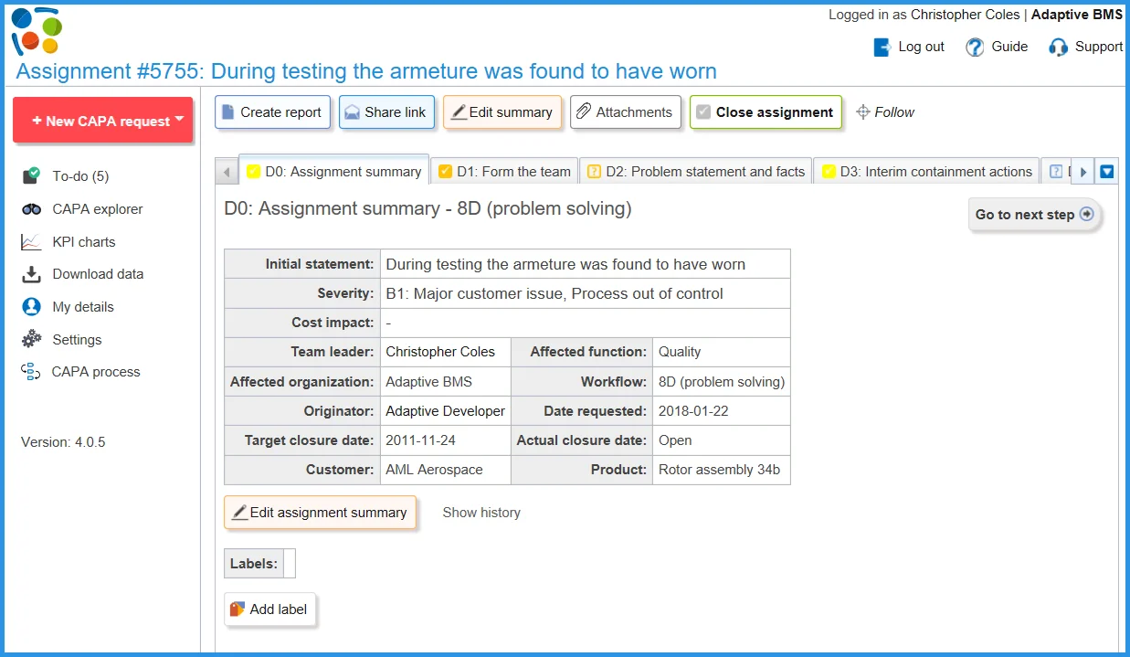 8D RCCA software screenshot CAPA manager 8D RCCA software screenshot